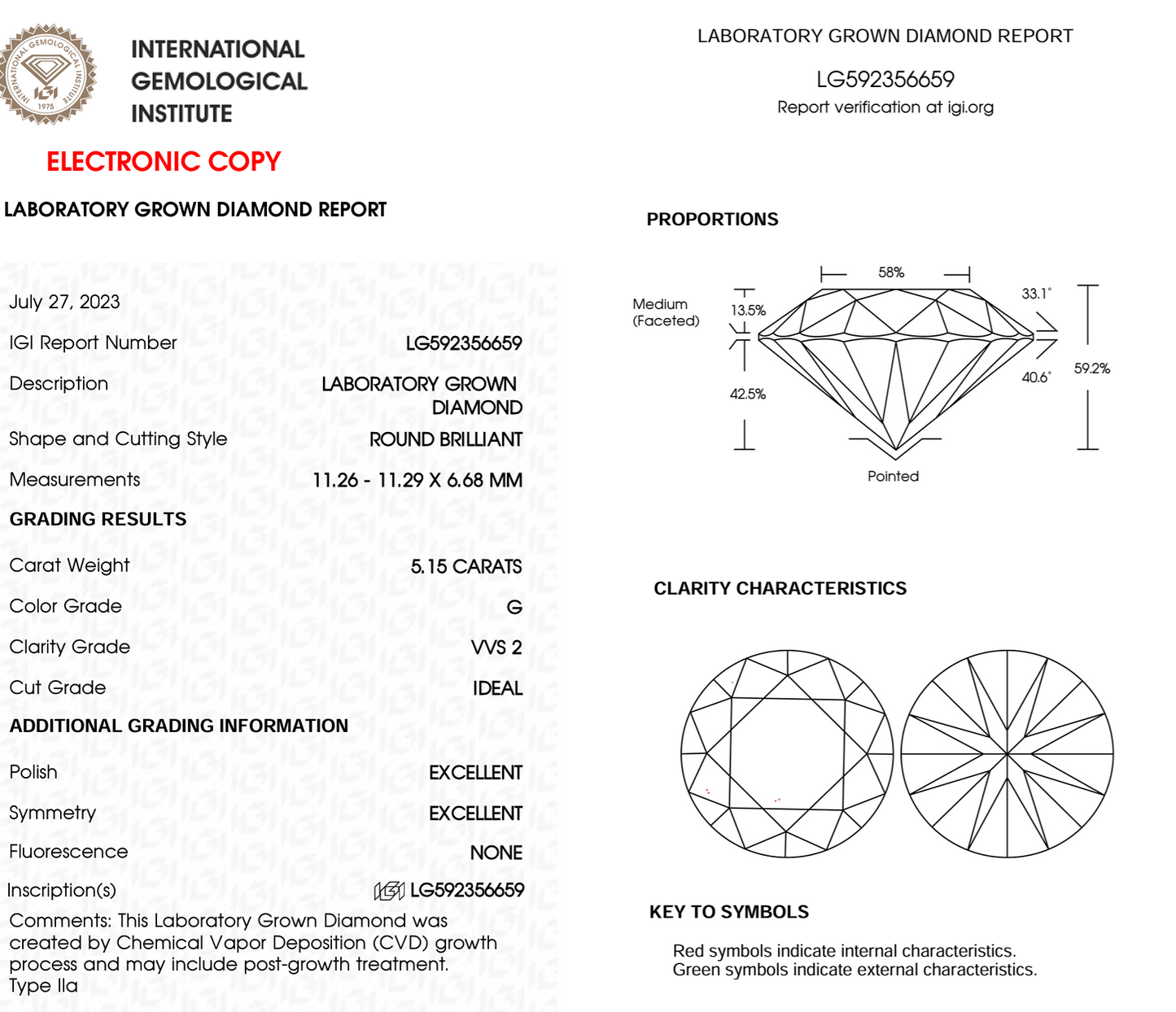 5.15ct Round Cut Lab Grown Diamond IGI Certified