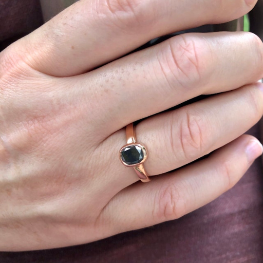 Natural Dark Oval Salt and Pepper Diamond Gold Bezel Set Diamond Engagement Ring - JayKrishna Diamond