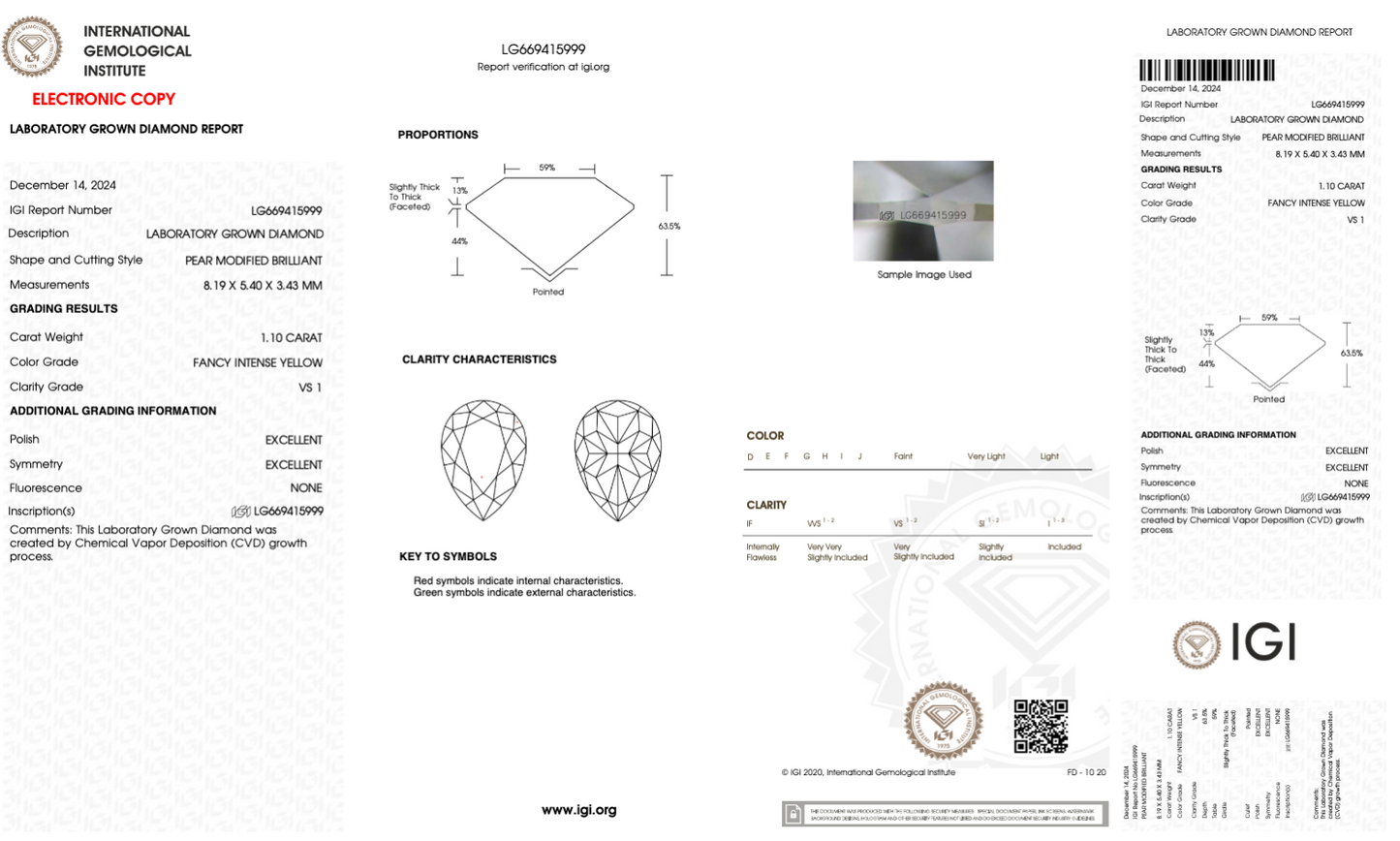 1.10 CT Pear Cut Fancy Color Lab Grown CVD Diamond VS1 IGI Certified | Lab Created Diamond for Rings