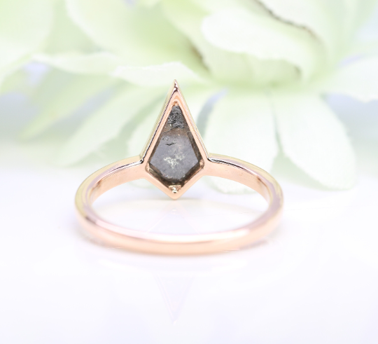 Unique Stones Kite Shape Natural Dark Grey Galaxy Diamond Bezel Set 14K Gold Engagement Diamond Ring - JayKrishna Diamond