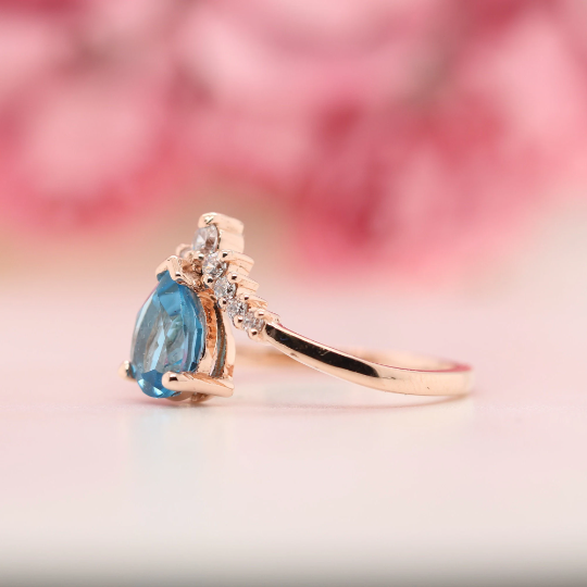 Pear Shape 8 MM Blue Aquamarine Gemstone Wedding Ring - JayKrishna Diamond