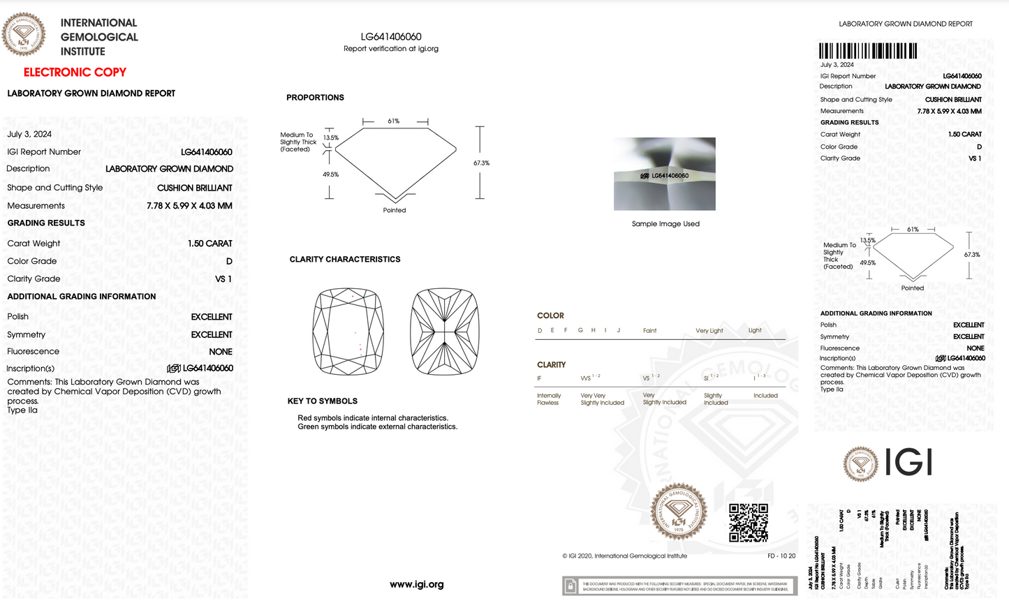 1.50 Carat Cushion Cut Lab Grown Diamond | D Color VS1 Clarity | IGI Certified Loose Stone for Engagement Rings & Fine Jewelry