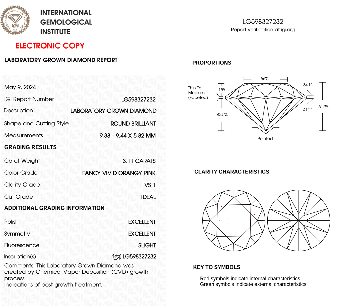 3.11ct Round Fancy Pink Lab Diamond IGI VS1 Sustainable Stone