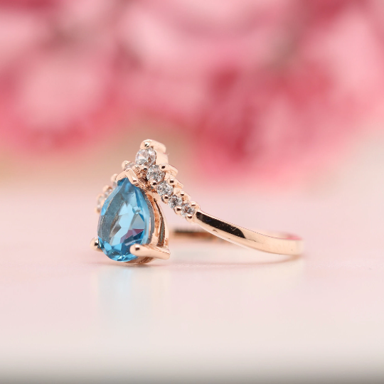 Pear Shape 8 MM Blue Aquamarine Gemstone Wedding Ring - JayKrishna Diamond