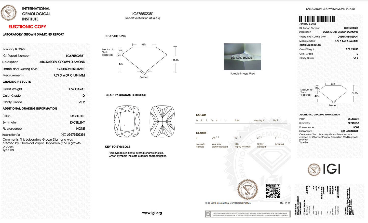 1.52 CT Cushion Cut Lab Grown Diamond IGI Certified | Lab Created Diamond for Rings