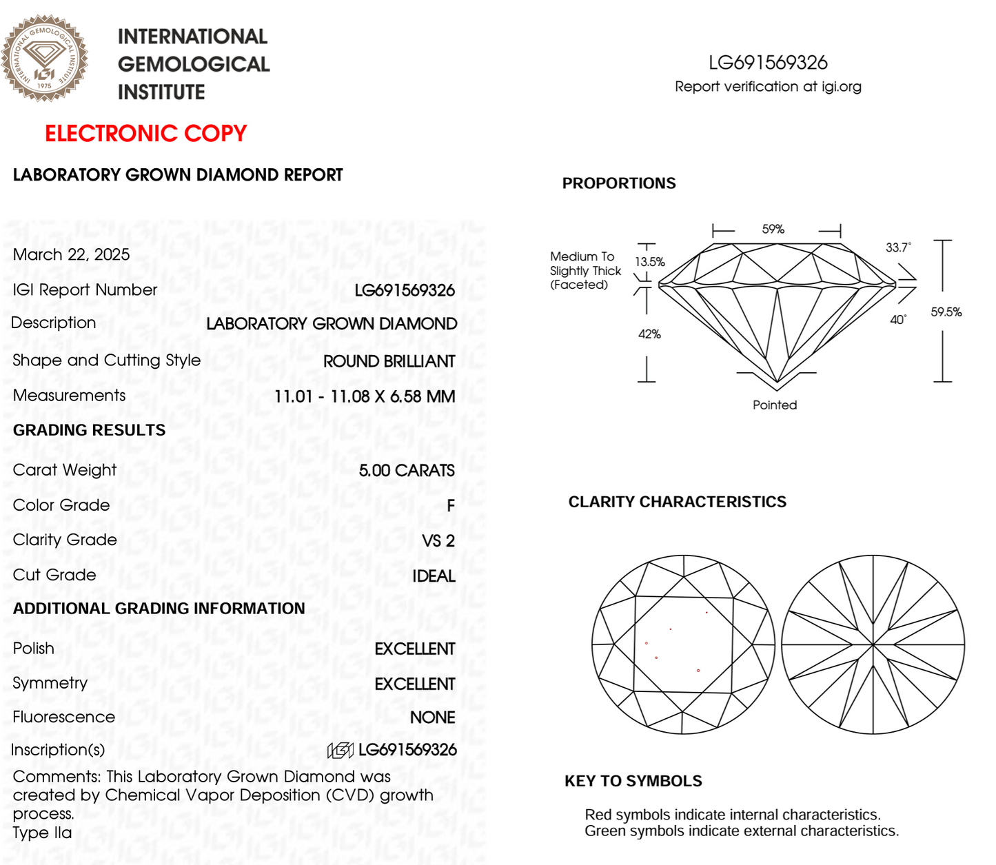 5ct Round Cut Lab Grown Diamond IGI Certified