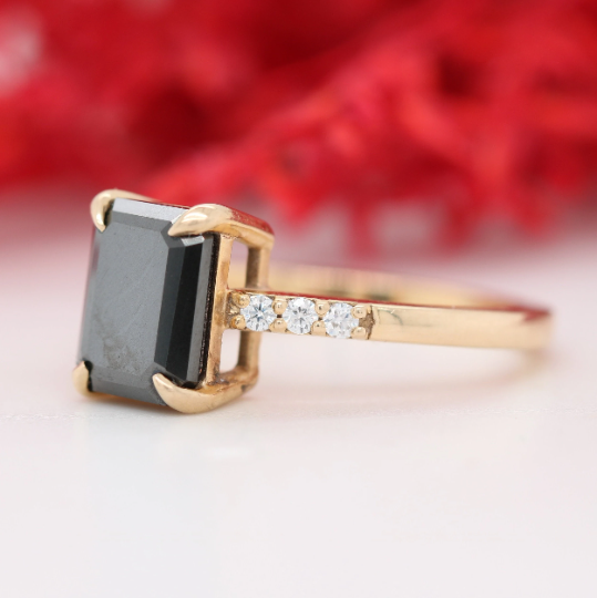 Emerald Cut Black Onyx Engagement Ring, 14k Gold Black Diamond Ring, Unique Diamond Ring, Gothic Engagement Ring, Pave Black Diamond Band - JayKrishna Diamond