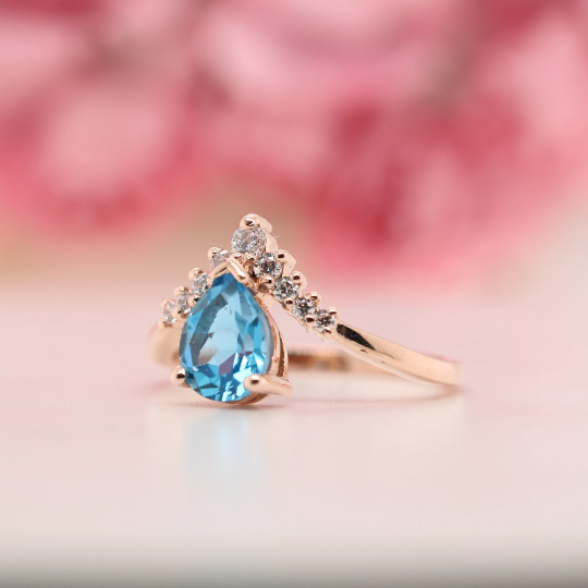 Pear Shape 8 MM Blue Aquamarine Gemstone Wedding Ring - JayKrishna Diamond