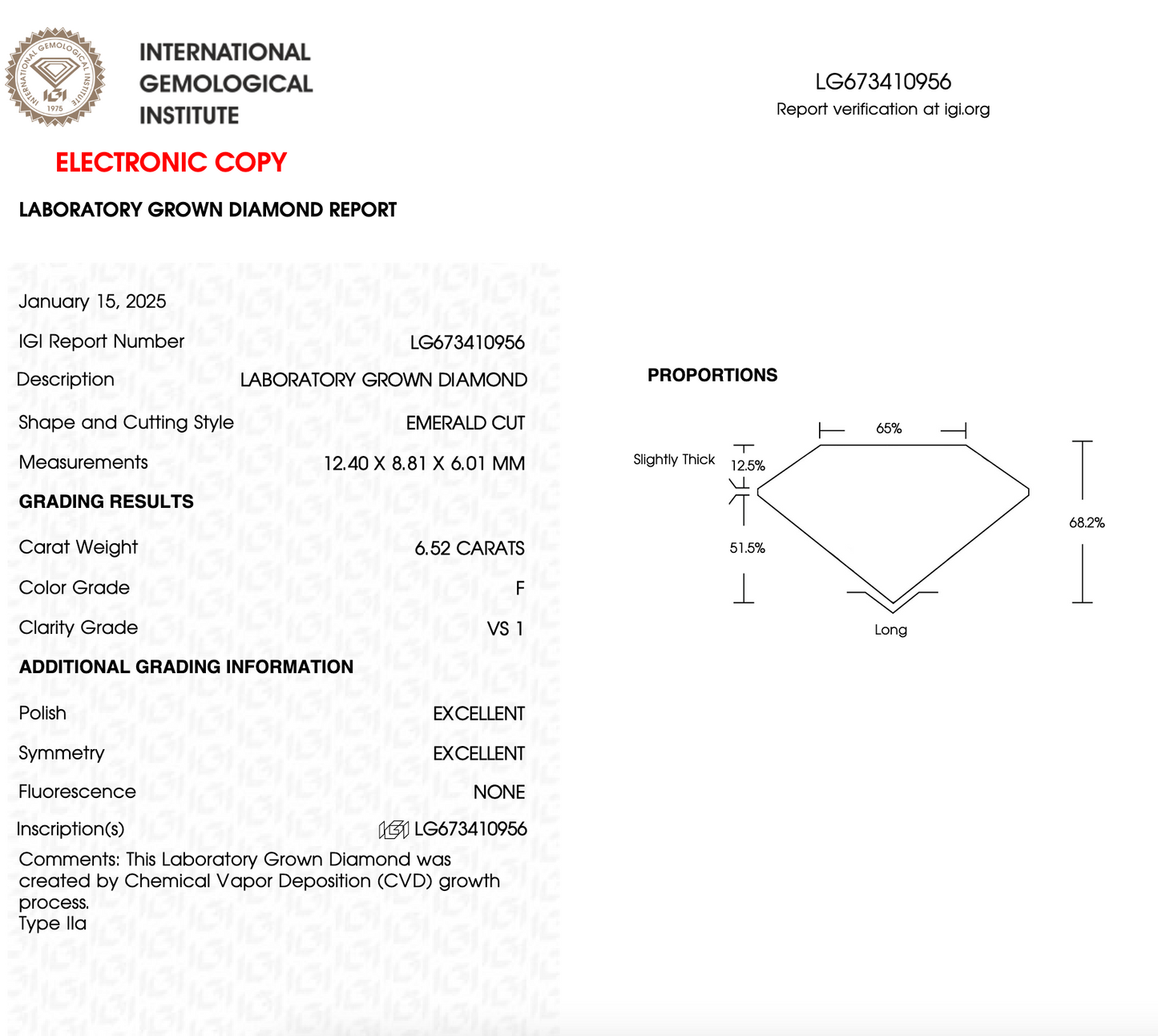 6.52 CT Emerald Cut Lab Grown Diamond | IGI Certified