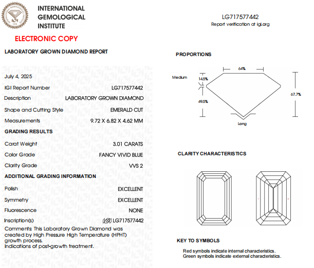 3 CT Emerald Cut Lab Created Diamond | VVS2 Clarity Blue Color | IGI Certified