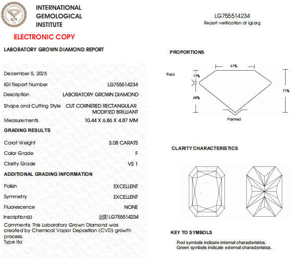 3 CT Radiant Cut Lab Grown Diamond For Fine Jewelry