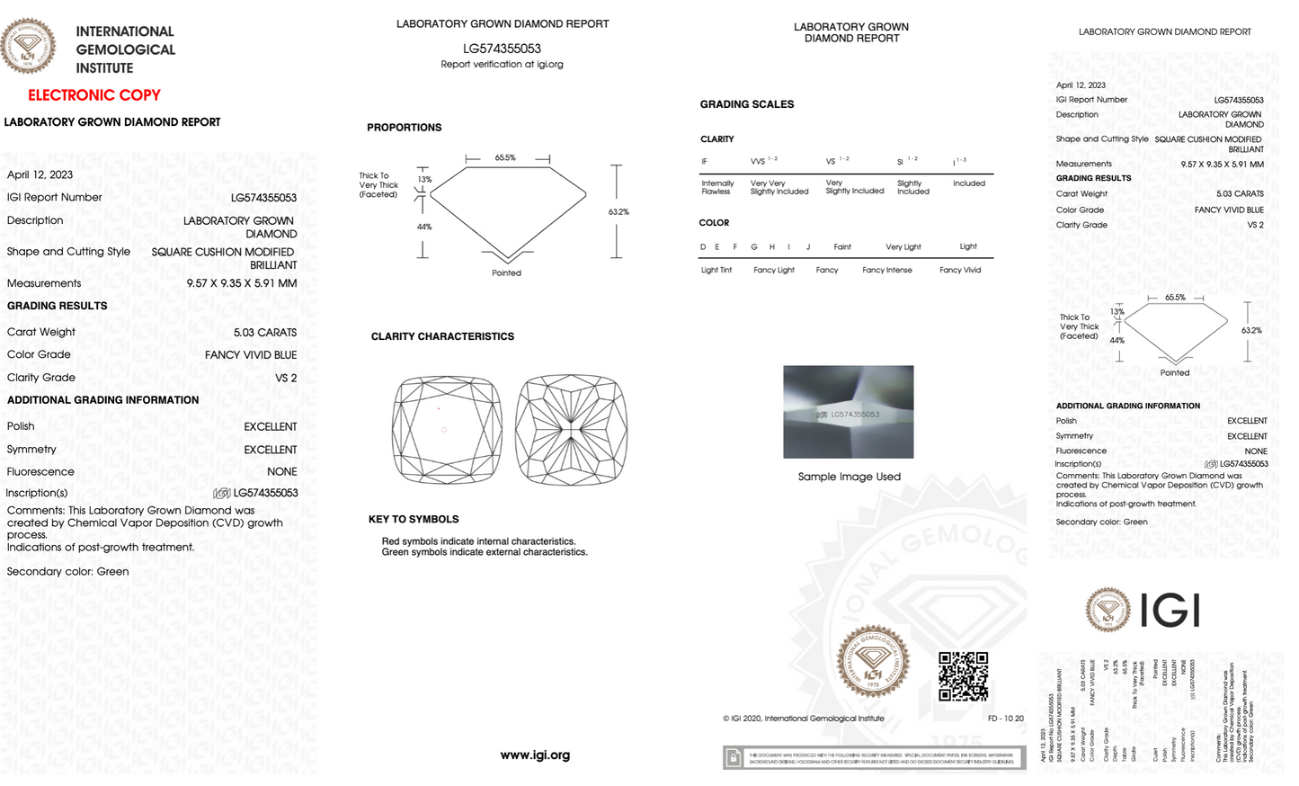 5 Carat Cushion Shape Blue Lab Grown Diamond | IGI Certified, VS Clarity, Perfect for Engagement Ring