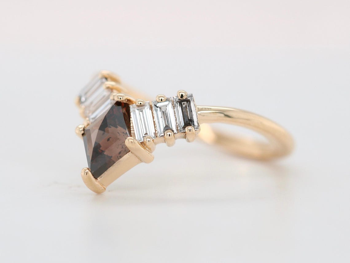 14K Yellow Gold Kite-Shaped Salt and Pepper Diamond Ring Unique Brown Diamond Ring for Women
