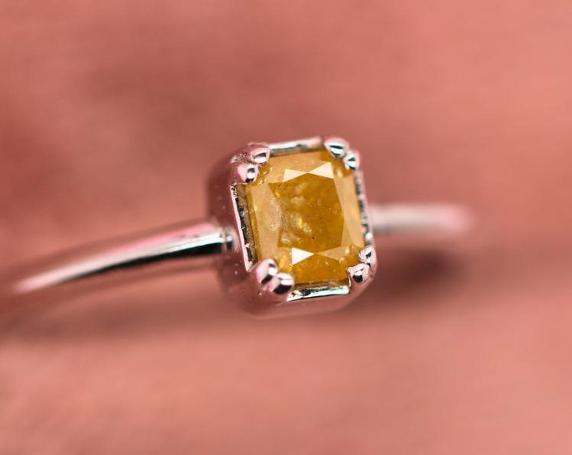 14K White Gold Square Cut Rustic Diamond Ring | Galaxy Diamond Engagement Ring | Natural Yellow Diamond Ring for Her