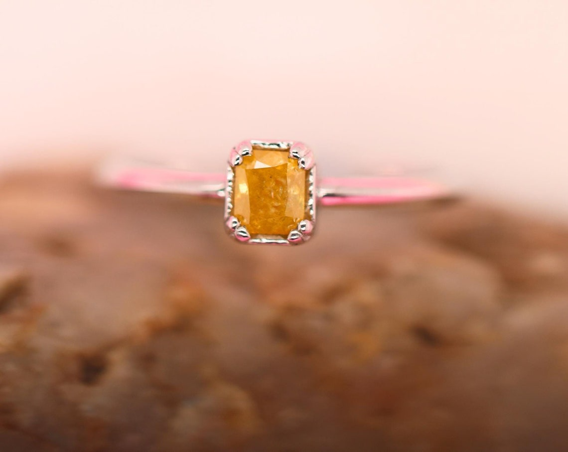 14K White Gold Square Cut Rustic Diamond Ring | Galaxy Diamond Engagement Ring | Natural Yellow Diamond Ring for Her
