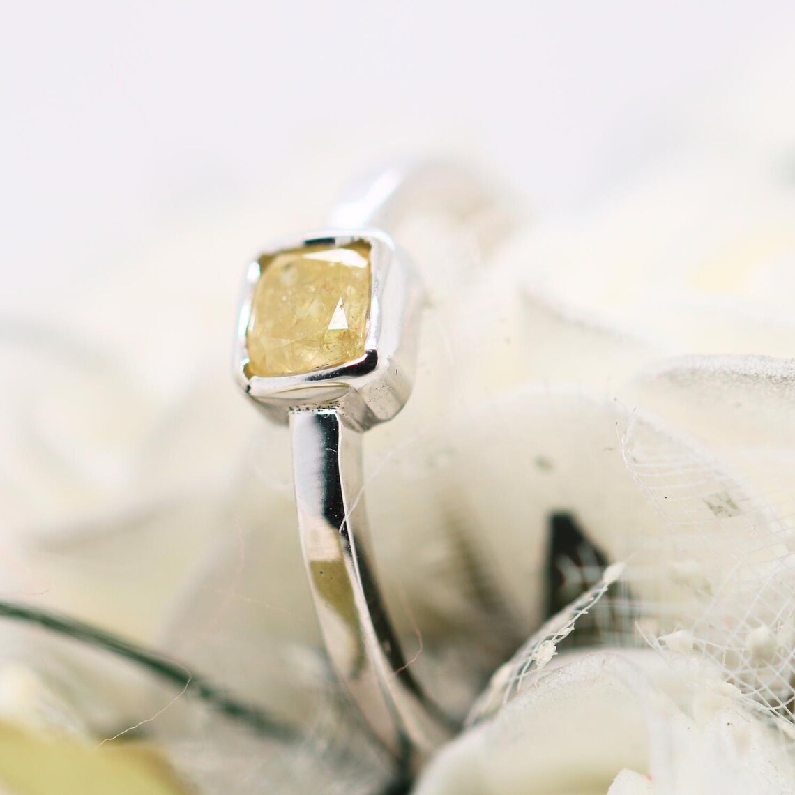 14K White Gold Bezel Set Rustic Diamond Ring | Antique Natural Diamond Ring for Women | Unique Engagement Ring for Her