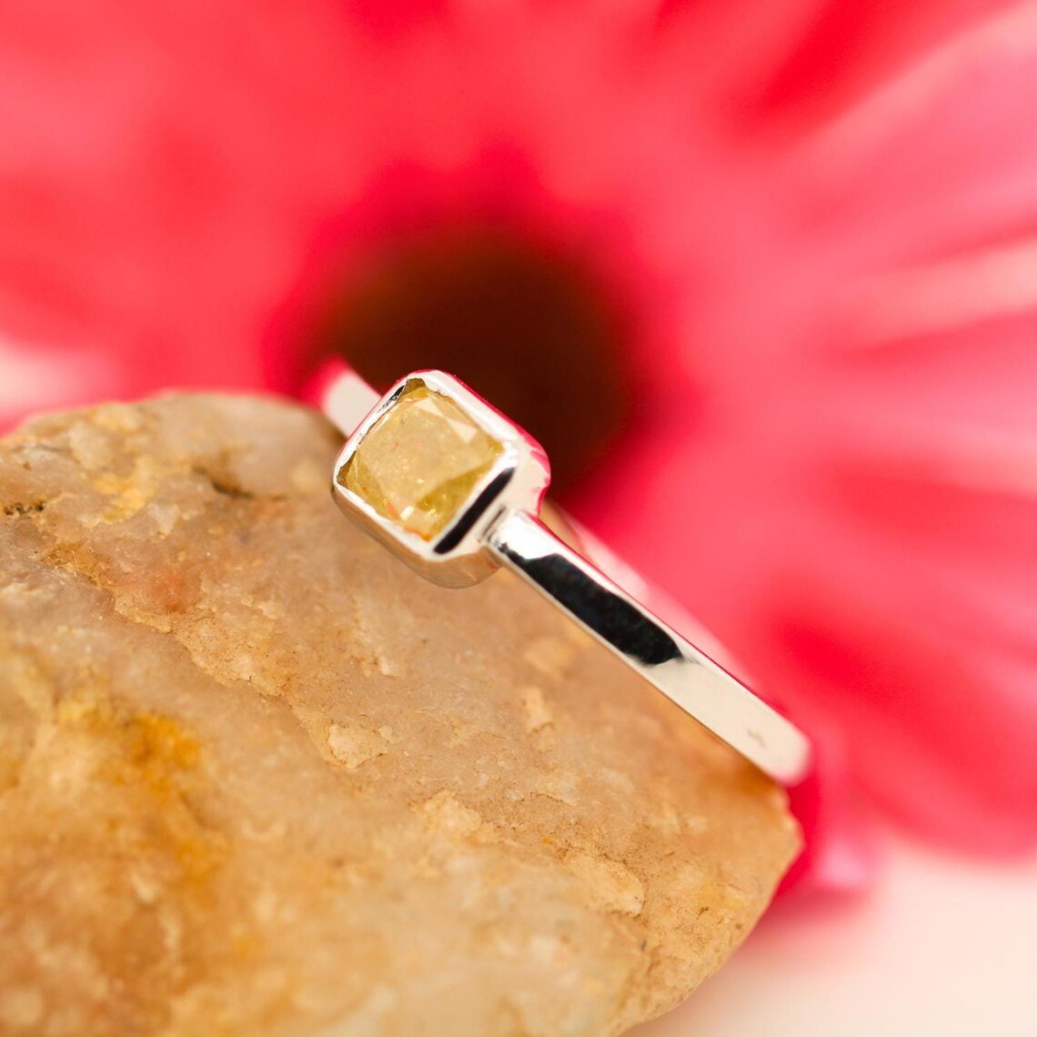 14K White Gold Bezel Set Rustic Diamond Ring | Antique Natural Diamond Ring for Women | Unique Engagement Ring for Her