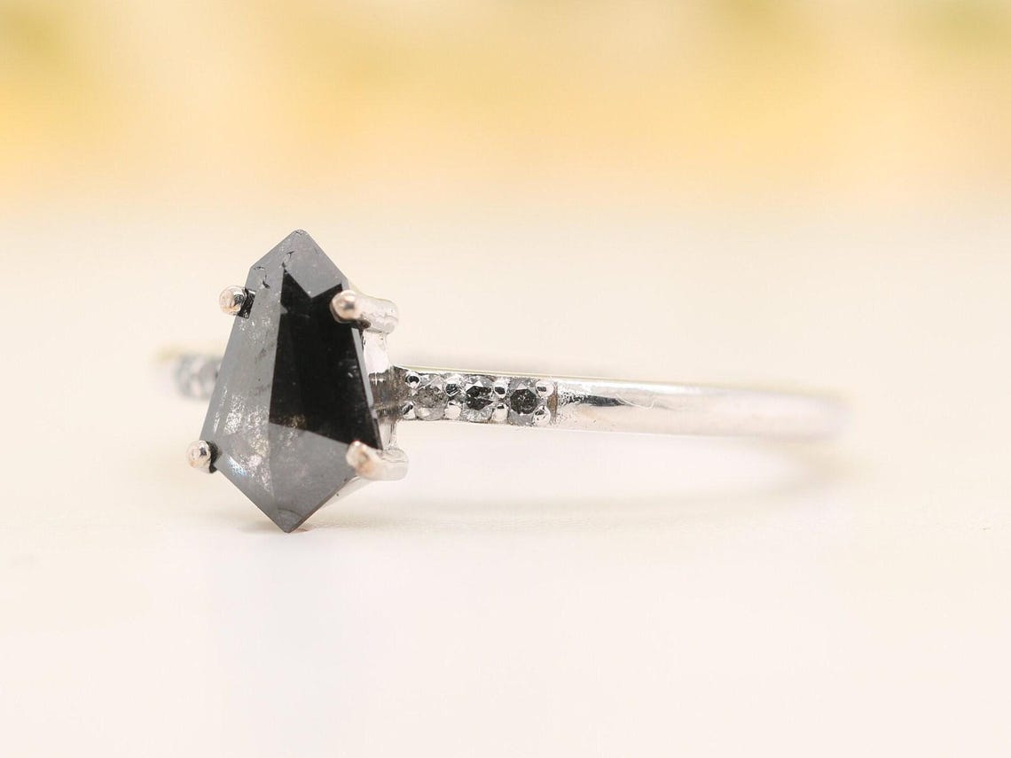 Salt and Pepper Shield Cut Black Diamond Engagement Ring Simple Fancy Diamond Ring for Women Gift