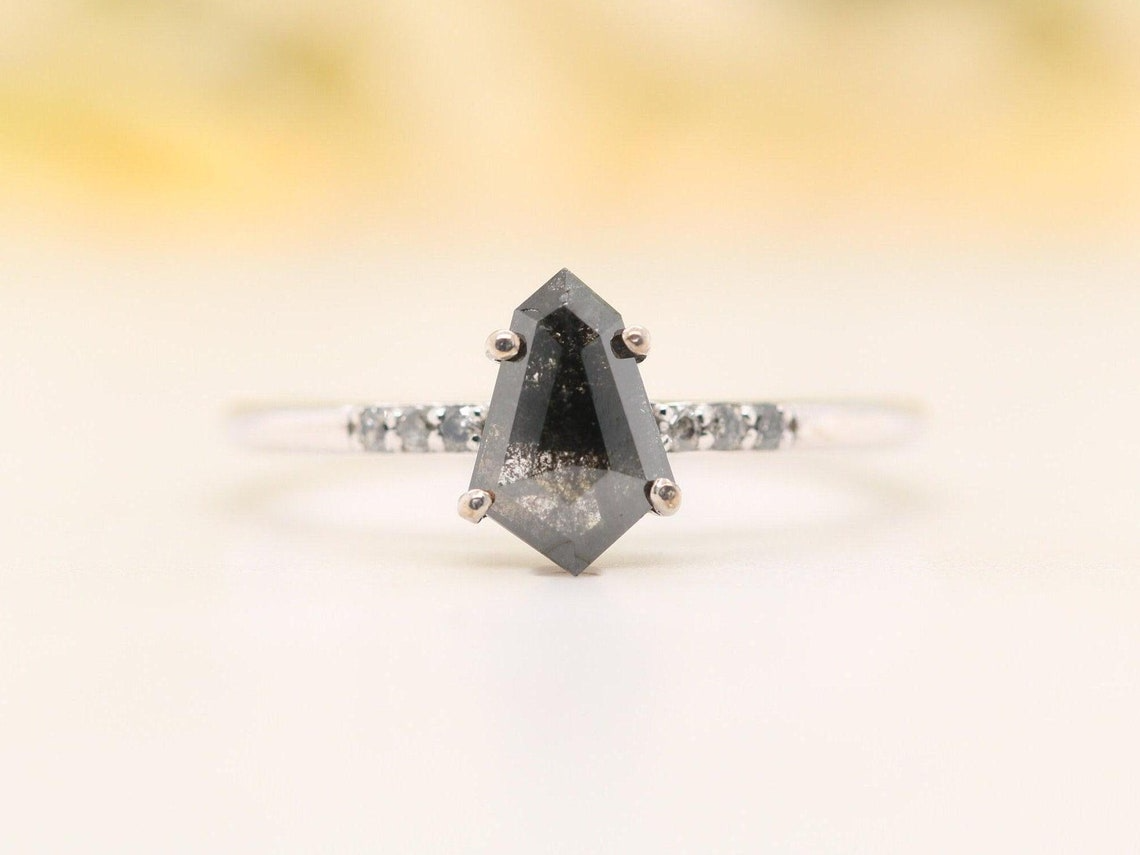 Salt and Pepper Shield Cut Black Diamond Engagement Ring Simple Fancy Diamond Ring for Women Gift