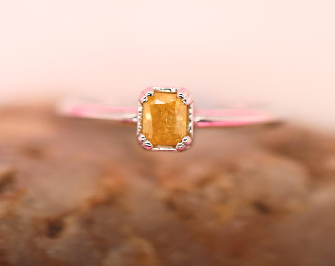14K White Gold Square Cut Rustic Diamond Ring | Galaxy Diamond Engagement Ring | Natural Yellow Diamond Ring for Her