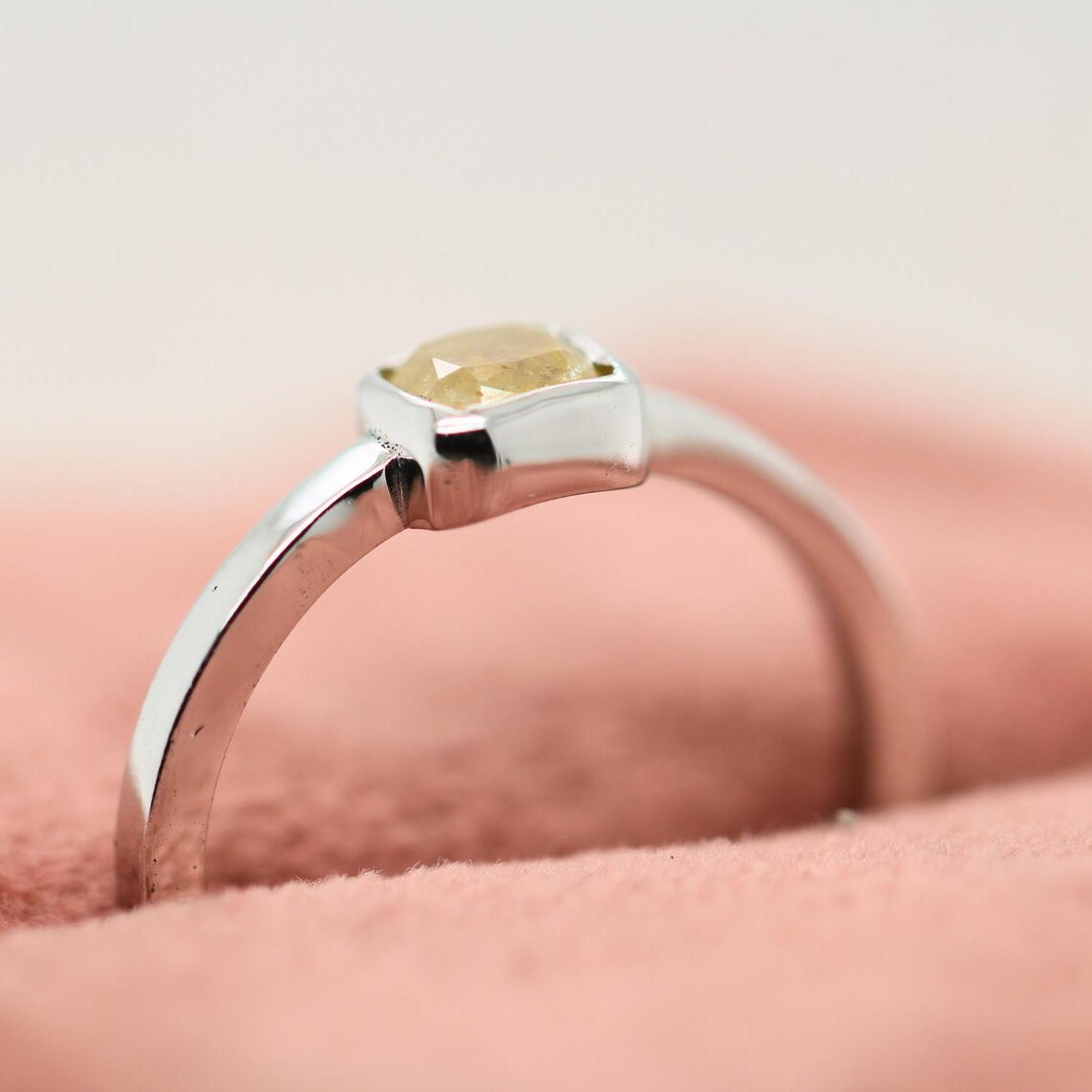 14K White Gold Bezel Set Rustic Diamond Ring | Antique Natural Diamond Ring for Women | Unique Engagement Ring for Her