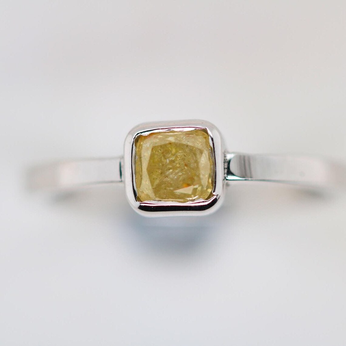 14K White Gold Bezel Set Rustic Diamond Ring | Antique Natural Diamond Ring for Women | Unique Engagement Ring for Her