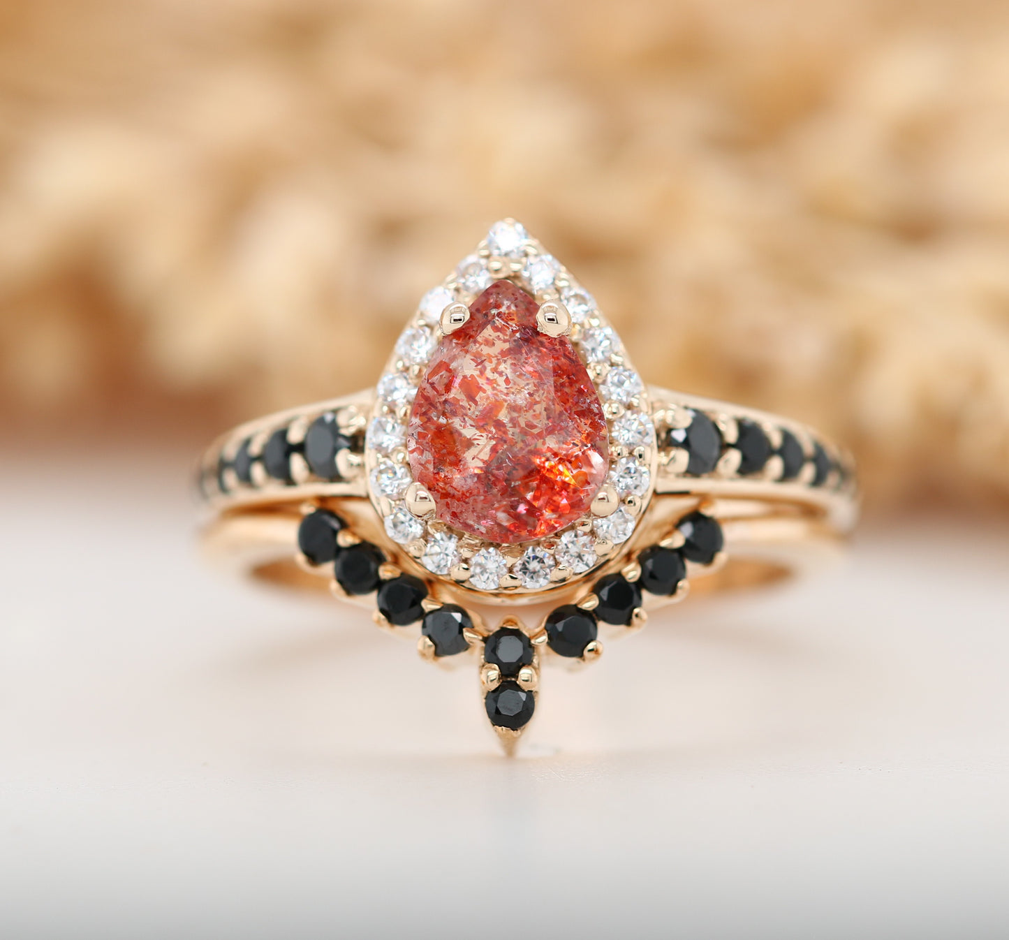 Sun Stone Halo Set Gold Ring and Band Pear Shape Red Galaxy Gemstone Engagement Ring Gift For Her - JayKrishna Diamond