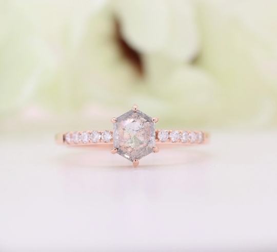 Hexagon Shape Salt And Pepper Diamond 6 Prongs 14K Rose Gold Engagement Ring - JayKrishna Diamond