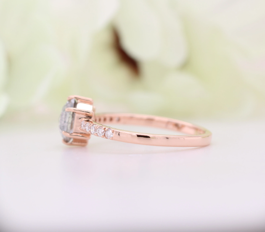 Hexagon Shape Salt And Pepper Diamond 6 Prongs 14K Rose Gold Engagement Ring - JayKrishna Diamond