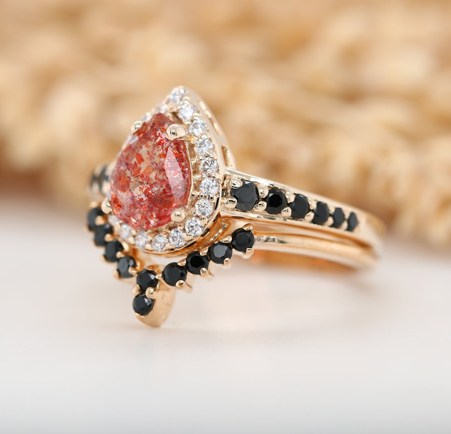 Sun Stone Halo Set Gold Ring and Band Pear Shape Red Galaxy Gemstone Engagement Ring Gift For Her - JayKrishna Diamond