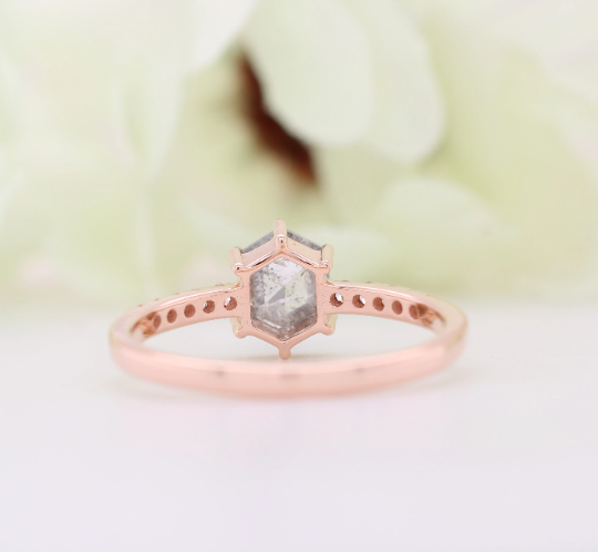 Hexagon Shape Salt And Pepper Diamond 6 Prongs 14K Rose Gold Engagement Ring - JayKrishna Diamond