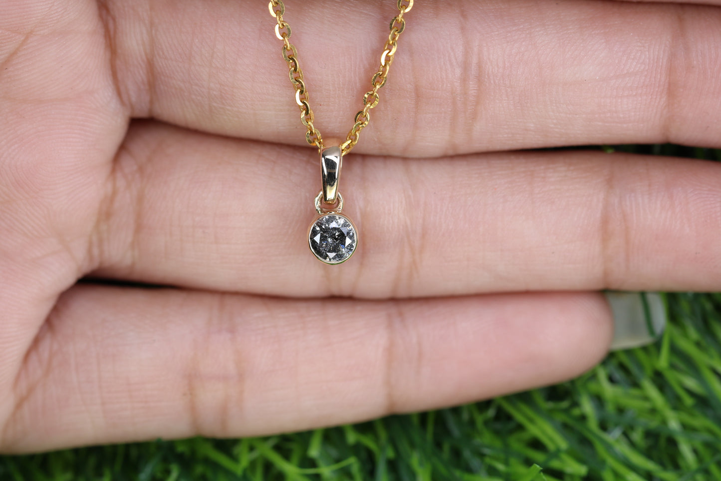 Salt And Pepper Round Brilliant Cut Diamond Pendant Bezel Setting With 10K Gold Chain Necklace For Women - JayKrishna Diamond
