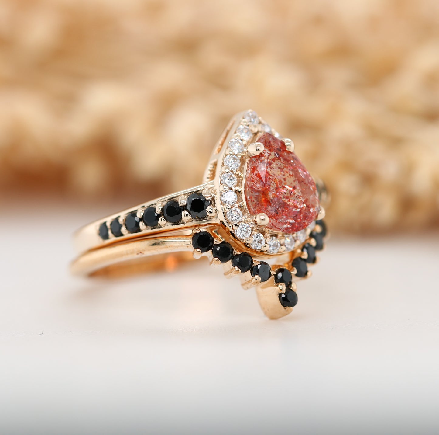 Sun Stone Halo Set Gold Ring and Band Pear Shape Red Galaxy Gemstone Engagement Ring Gift For Her - JayKrishna Diamond