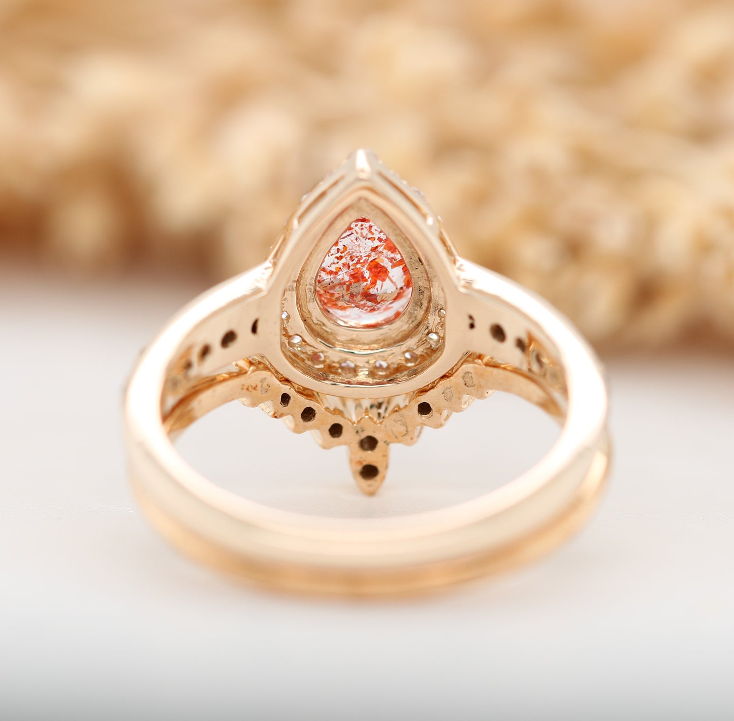 Sun Stone Halo Set Gold Ring and Band Pear Shape Red Galaxy Gemstone Engagement Ring Gift For Her - JayKrishna Diamond