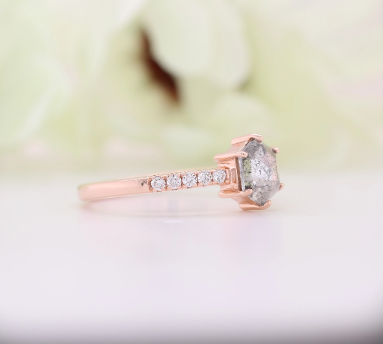 Hexagon Shape Salt And Pepper Diamond 6 Prongs 14K Rose Gold Engagement Ring - JayKrishna Diamond