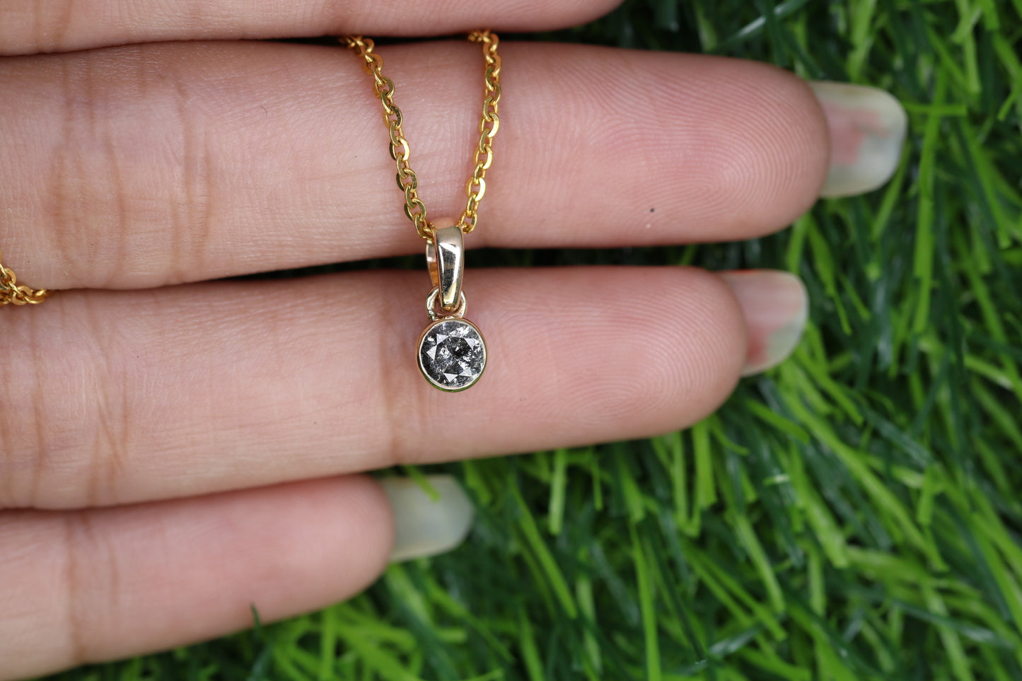 Salt And Pepper Round Brilliant Cut Diamond Pendant Bezel Setting With 10K Gold Chain Necklace For Women - JayKrishna Diamond