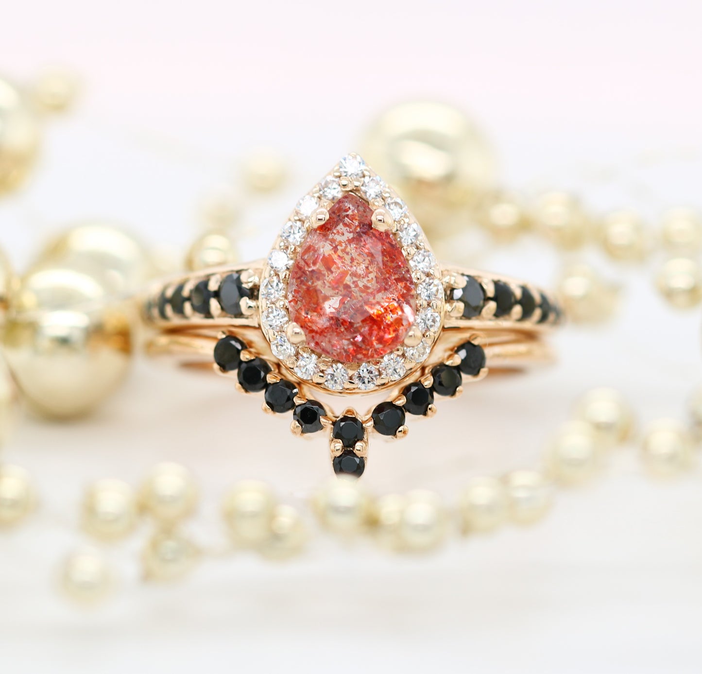 Sun Stone Halo Set Gold Ring and Band Pear Shape Red Galaxy Gemstone Engagement Ring Gift For Her - JayKrishna Diamond
