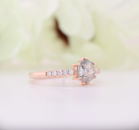 Hexagon Shape Salt And Pepper Diamond 6 Prongs 14K Rose Gold Engagement Ring - JayKrishna Diamond