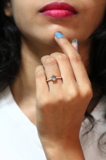 Hexagon Shape Salt And Pepper Diamond 6 Prongs 14K Rose Gold Engagement Ring - JayKrishna Diamond