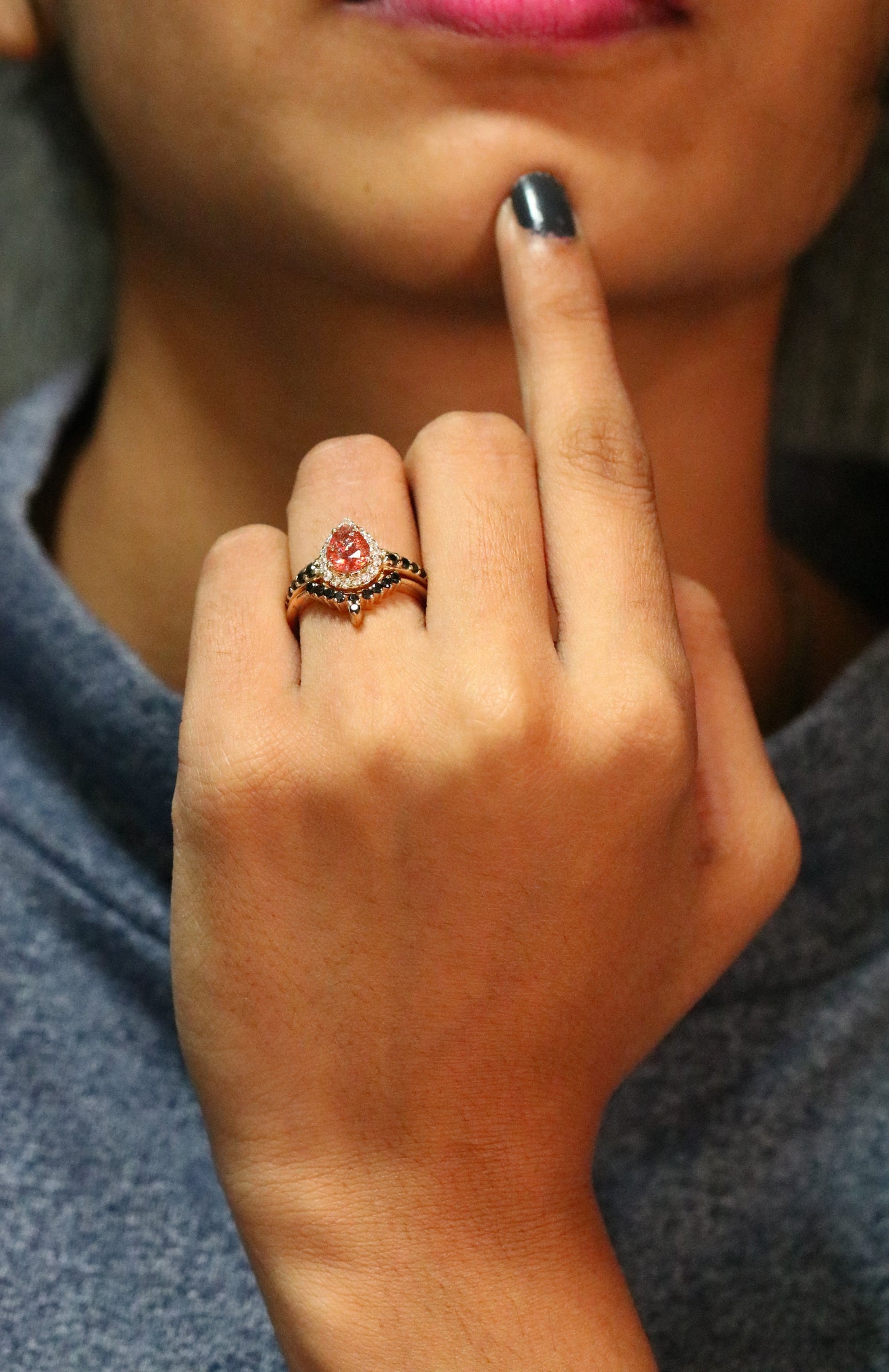 Sun Stone Halo Set Gold Ring and Band Pear Shape Red Galaxy Gemstone Engagement Ring Gift For Her - JayKrishna Diamond