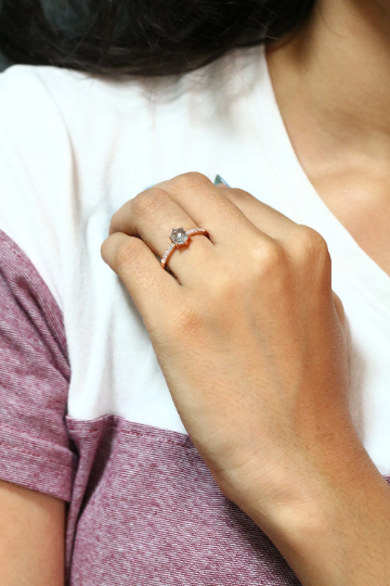 Hexagon Shape Salt And Pepper Diamond 6 Prongs 14K Rose Gold Engagement Ring - JayKrishna Diamond