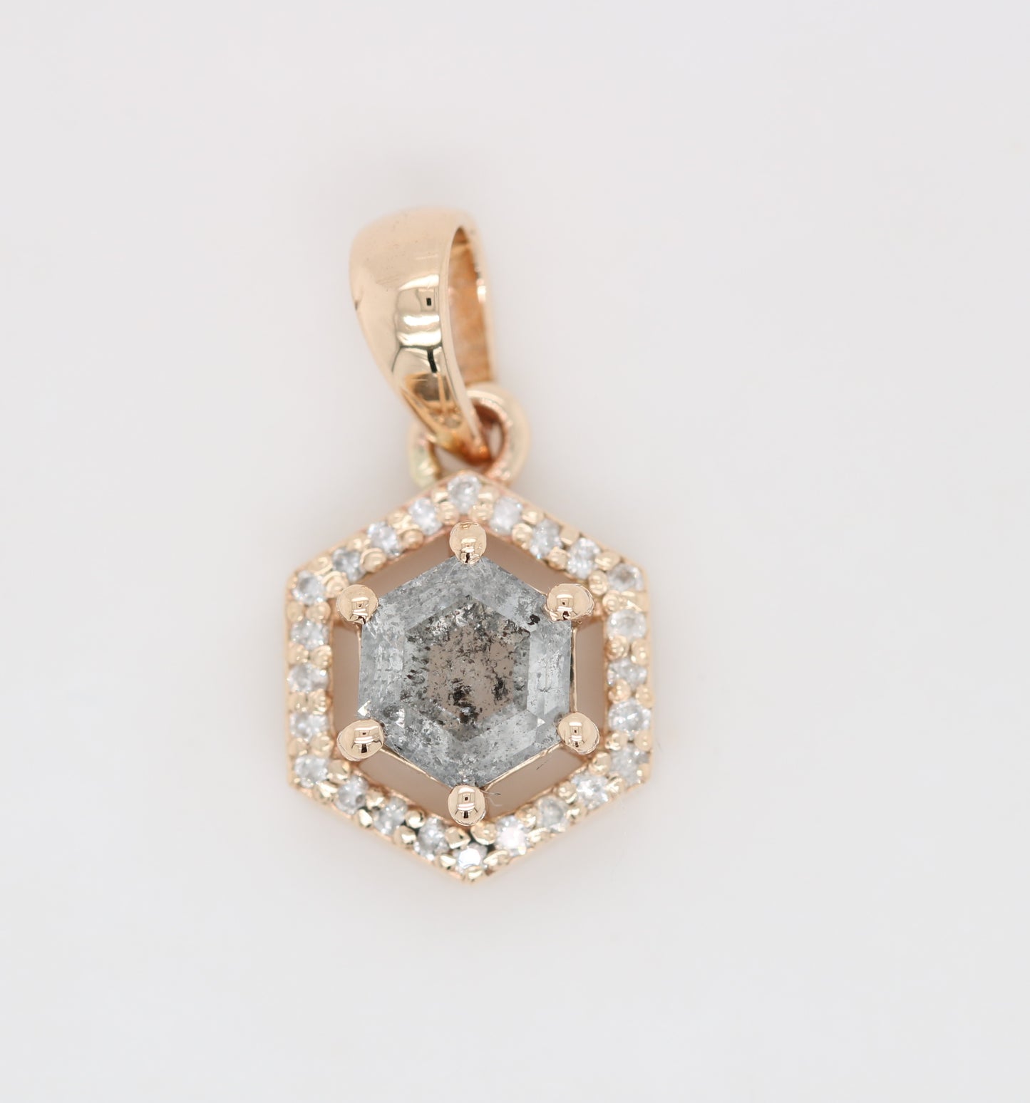 Salt And Pepper Diamond Pendant Hexagon Halo Pendant 10K Gold Diamond Pendant - JayKrishna Diamond