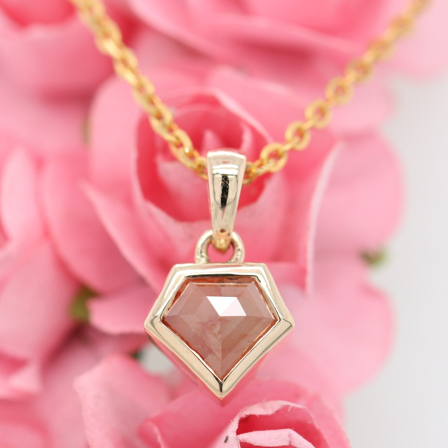 Shield Cut Peach Diamond Pendant with 18K Yellow Gold Chain Necklace For Women - JayKrishna Diamond