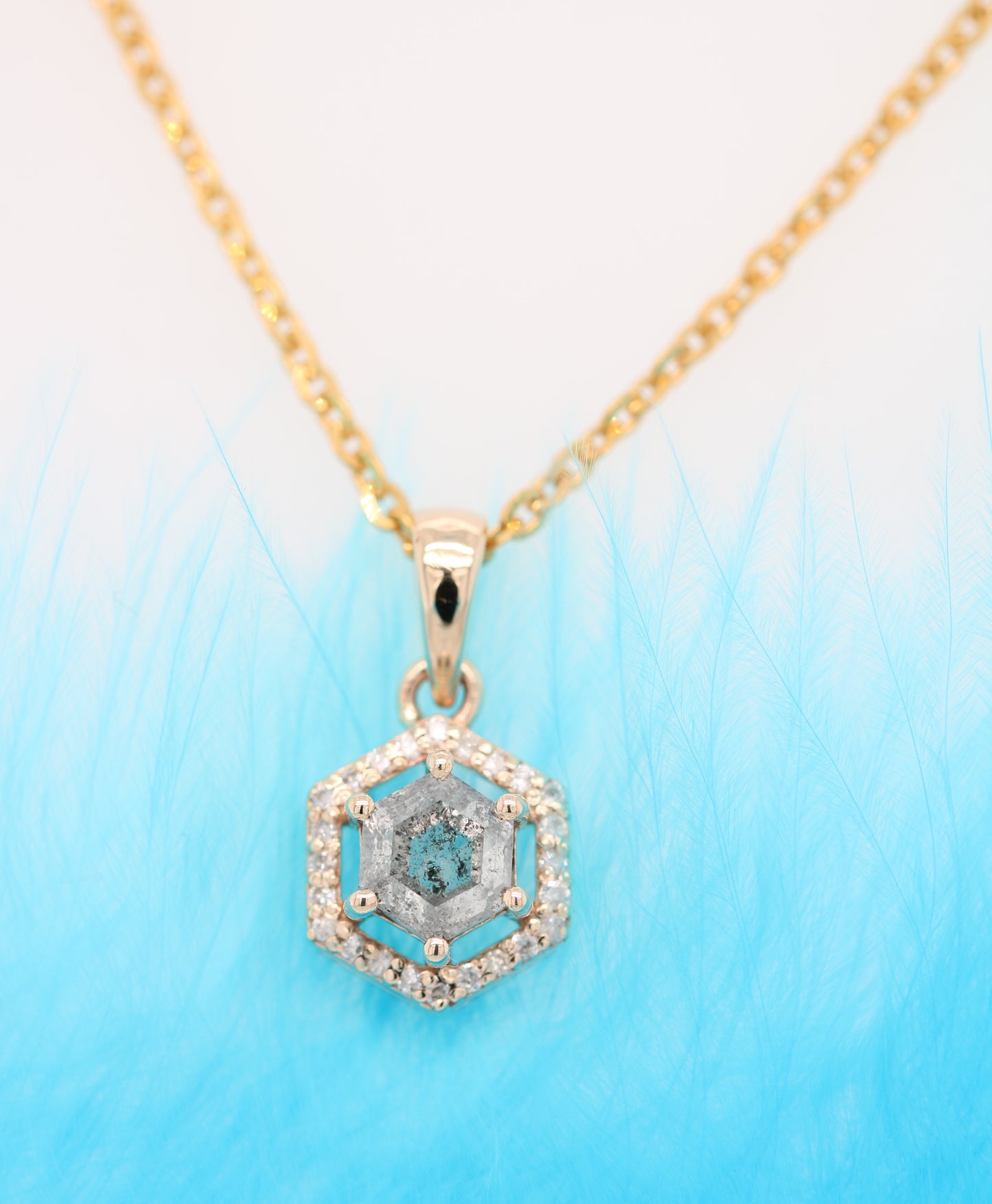 Hexagon Salt and Pepper Diamond Halo Pendant with 18K Yellow Gold Chain Necklace - JayKrishna Diamond