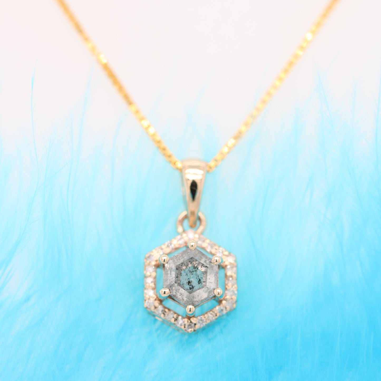Salt and Pepper Diamond Hexagon Halo Pendant 18K Gold Chain Necklace For Women - JayKrishna Diamond