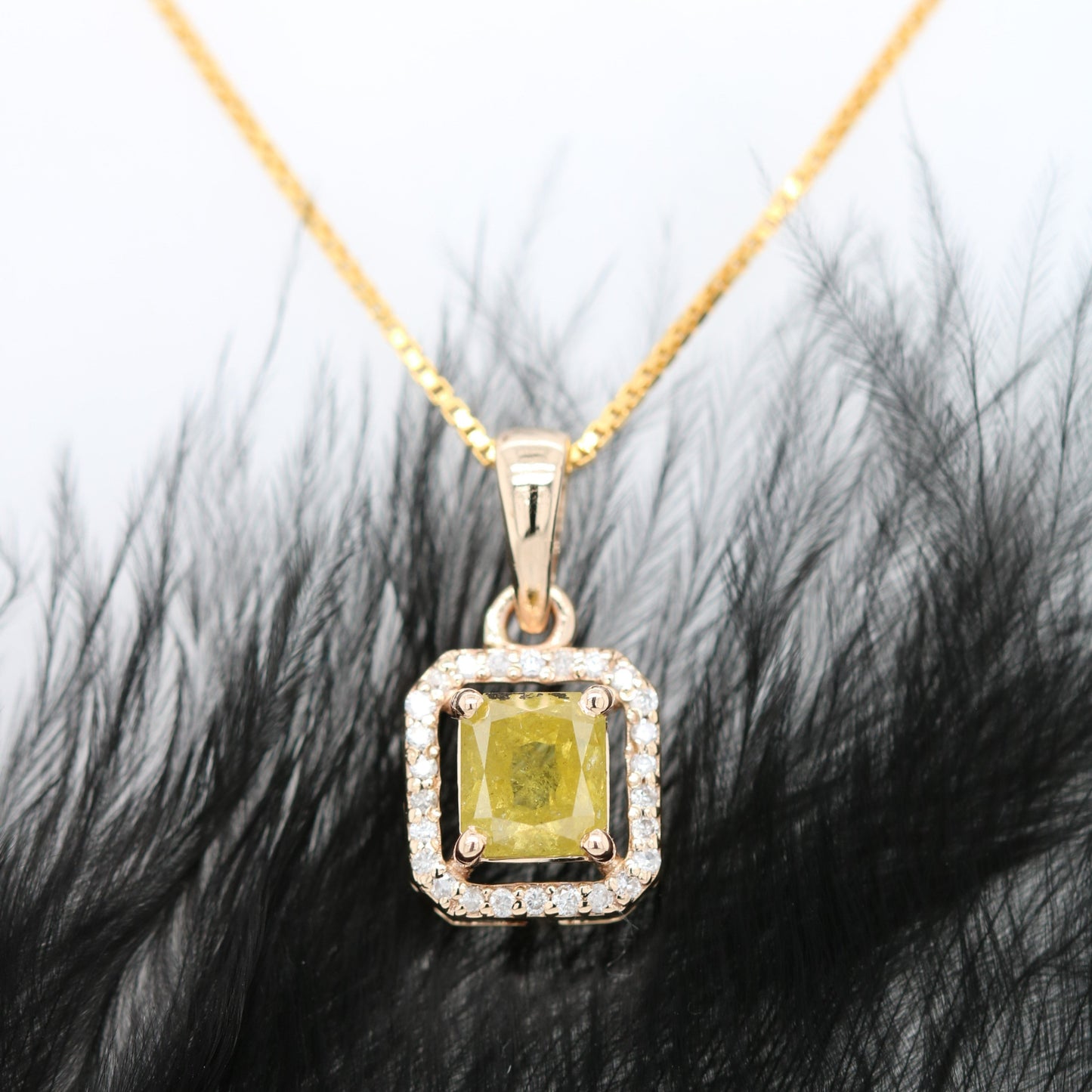 Yellow Asscher Cut Diamond Halo Pendant 18K Gold Chain Pendant Necklace For Women - JayKrishna Diamond