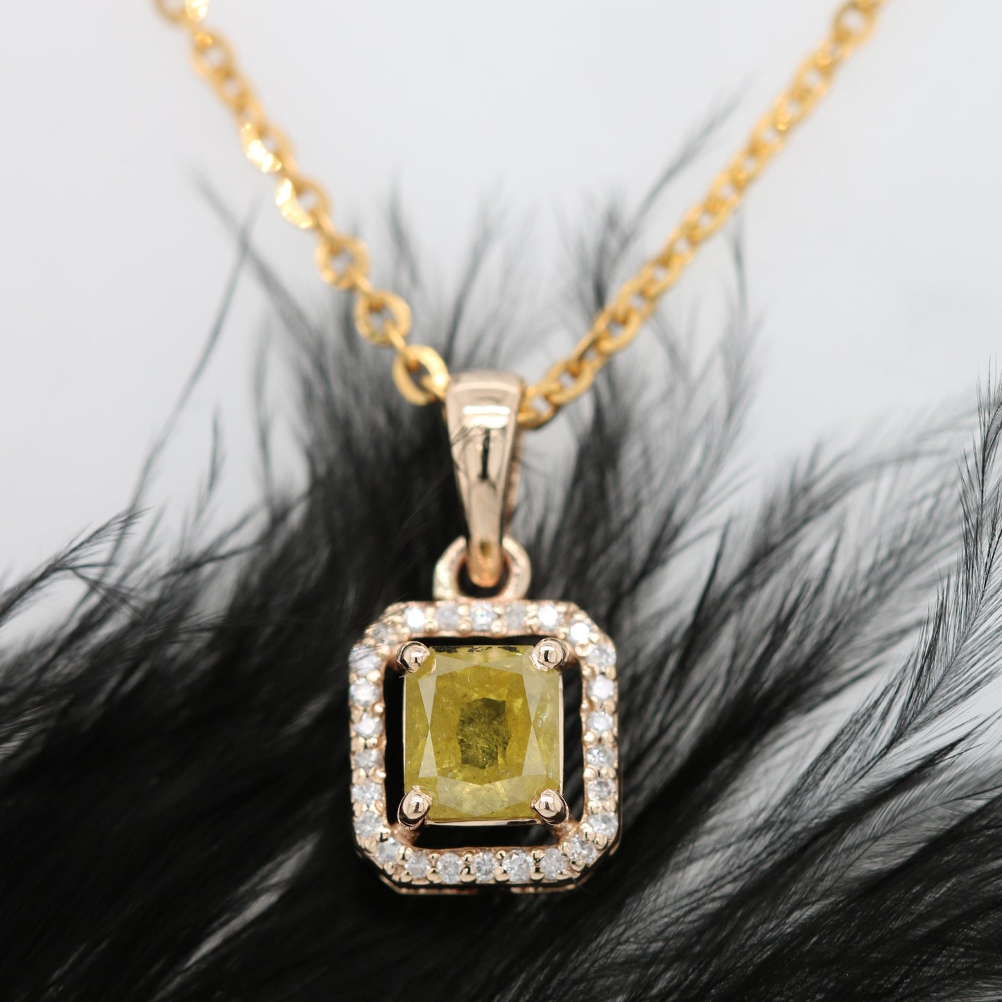 Yellow Asscher Cut Diamond Halo Pendant 18K Gold Chain Necklace Gift For Her - JayKrishna Diamond