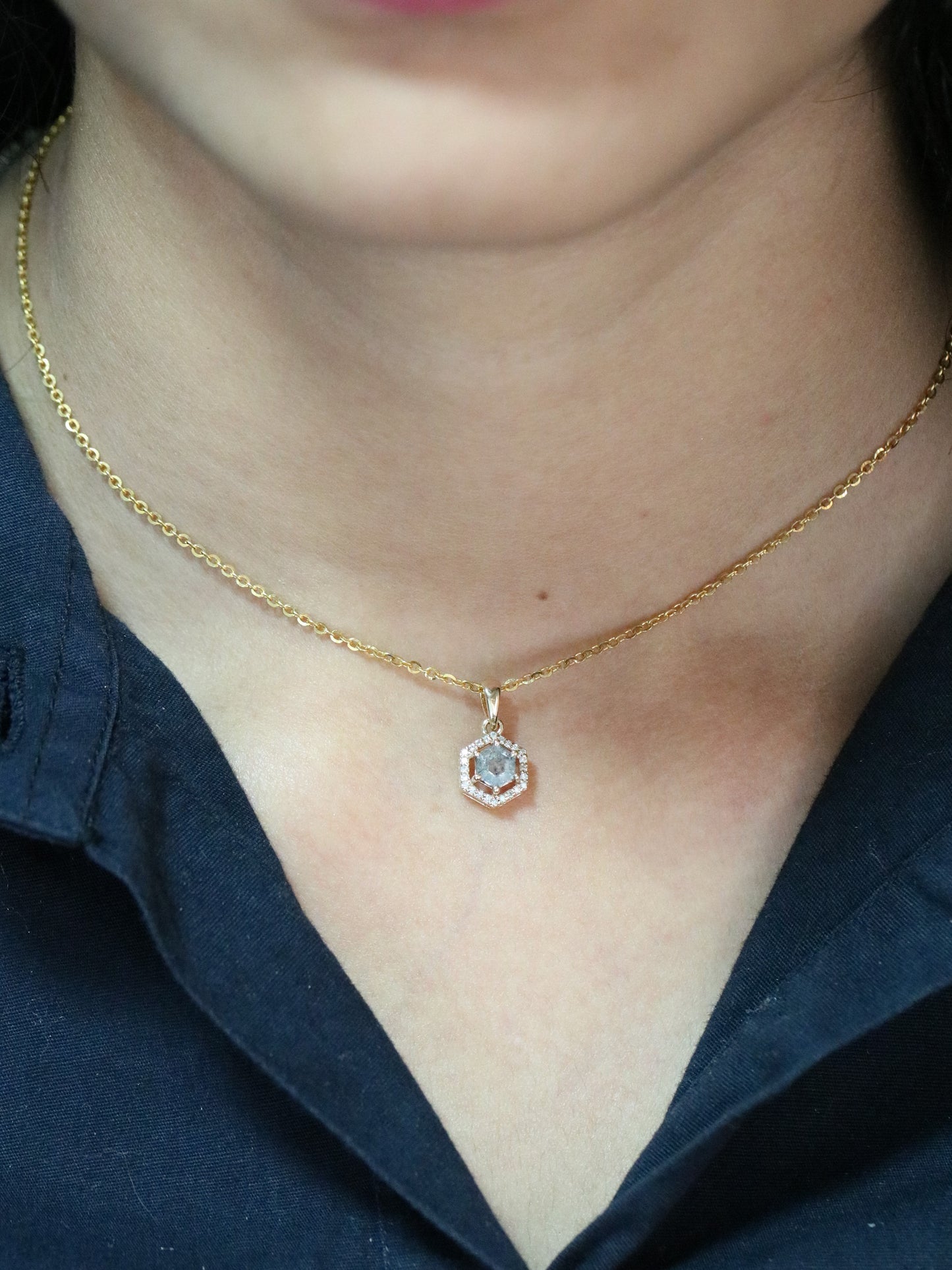 Hexagon Salt and Pepper Diamond Halo Pendant with 18K Yellow Gold Chain Necklace - JayKrishna Diamond