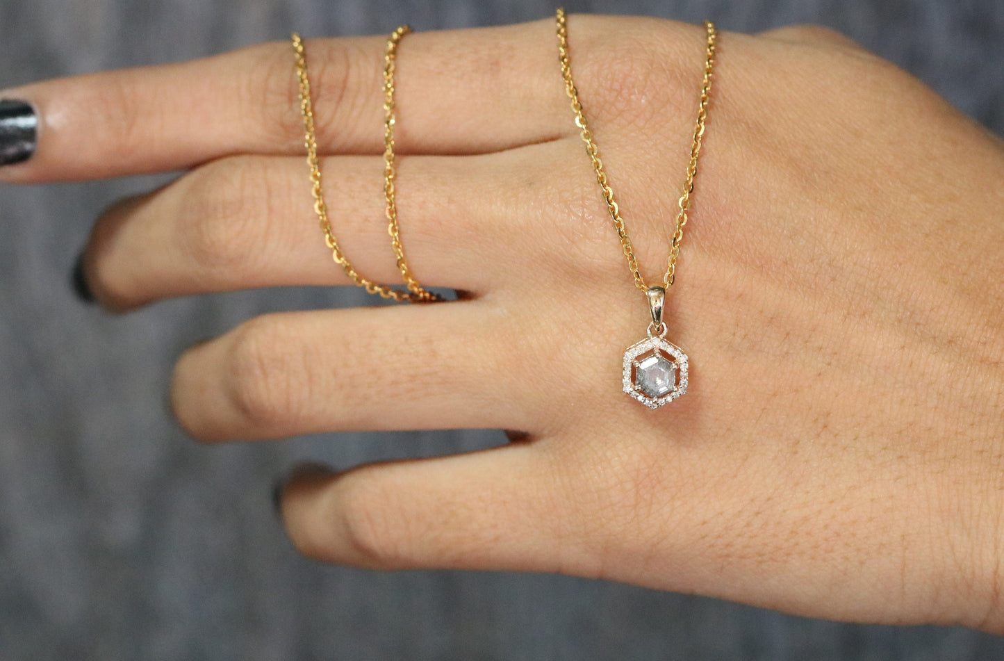 Hexagon Salt and Pepper Diamond Halo Pendant with 18K Yellow Gold Chain Necklace - JayKrishna Diamond