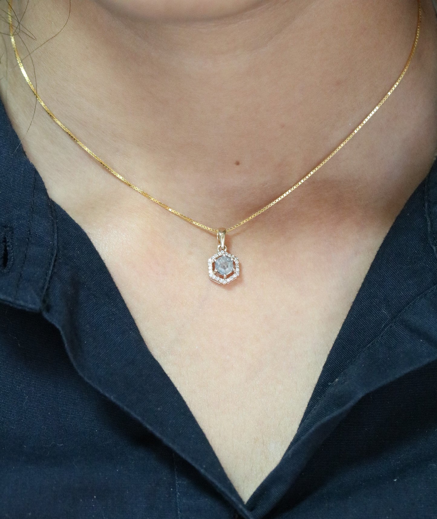 Salt and Pepper Diamond Hexagon Halo Pendant 18K Gold Chain Necklace For Women - JayKrishna Diamond